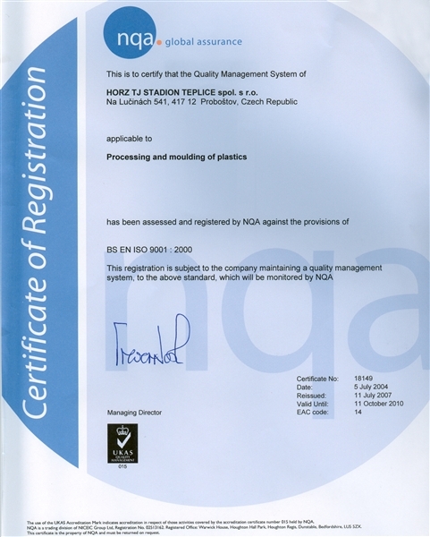 Certifikát EN ISO 9001 : 2000.
